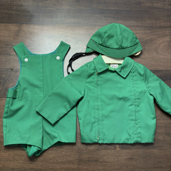 Vtg 60s Child Toddler Green Jacket Hat And Romper Outfit Set Boys By Oxford 3T? - Picture 1 of 16